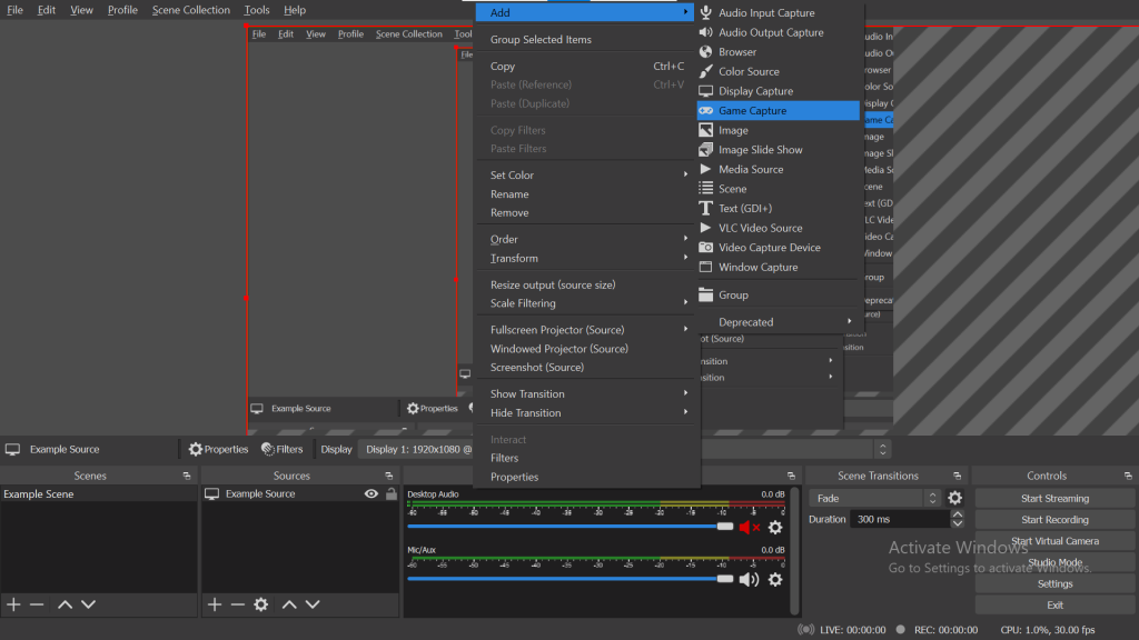 Screenshot of the OBS program, highlighting a dropdown menu with the options to "Add" and a selection of source options such as game capture, image, window capture, and more.