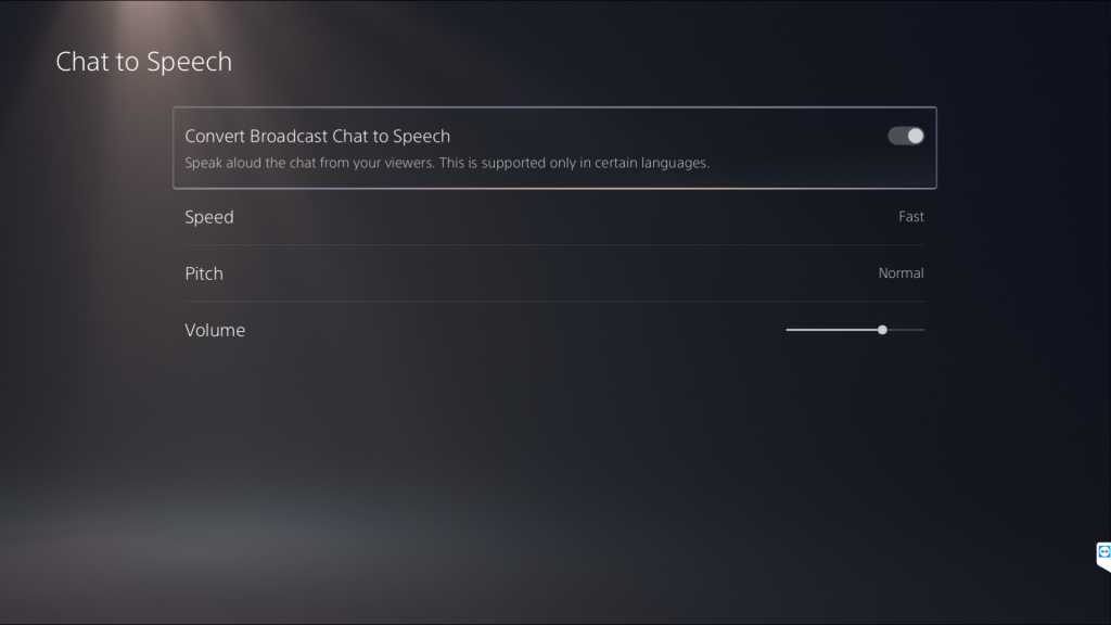 Screenshot of the PS5 chat TTS settings with an on/off toggle, as well as options for speed, volume, and pitch settings.