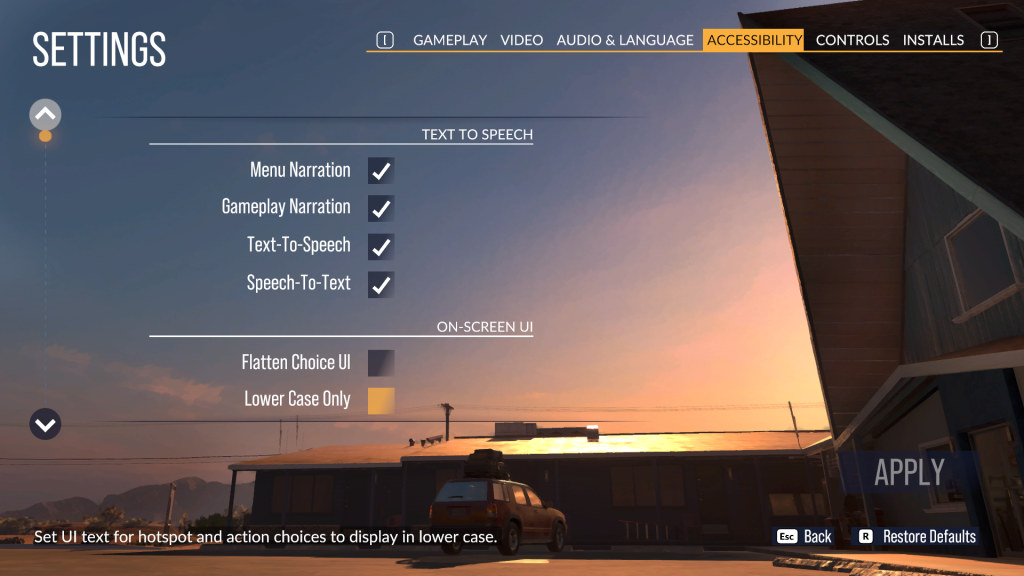 Settings menu of As Dusk Falls which features options such as menu narration, gameplay narration, chat TTS, speech to text, and more.