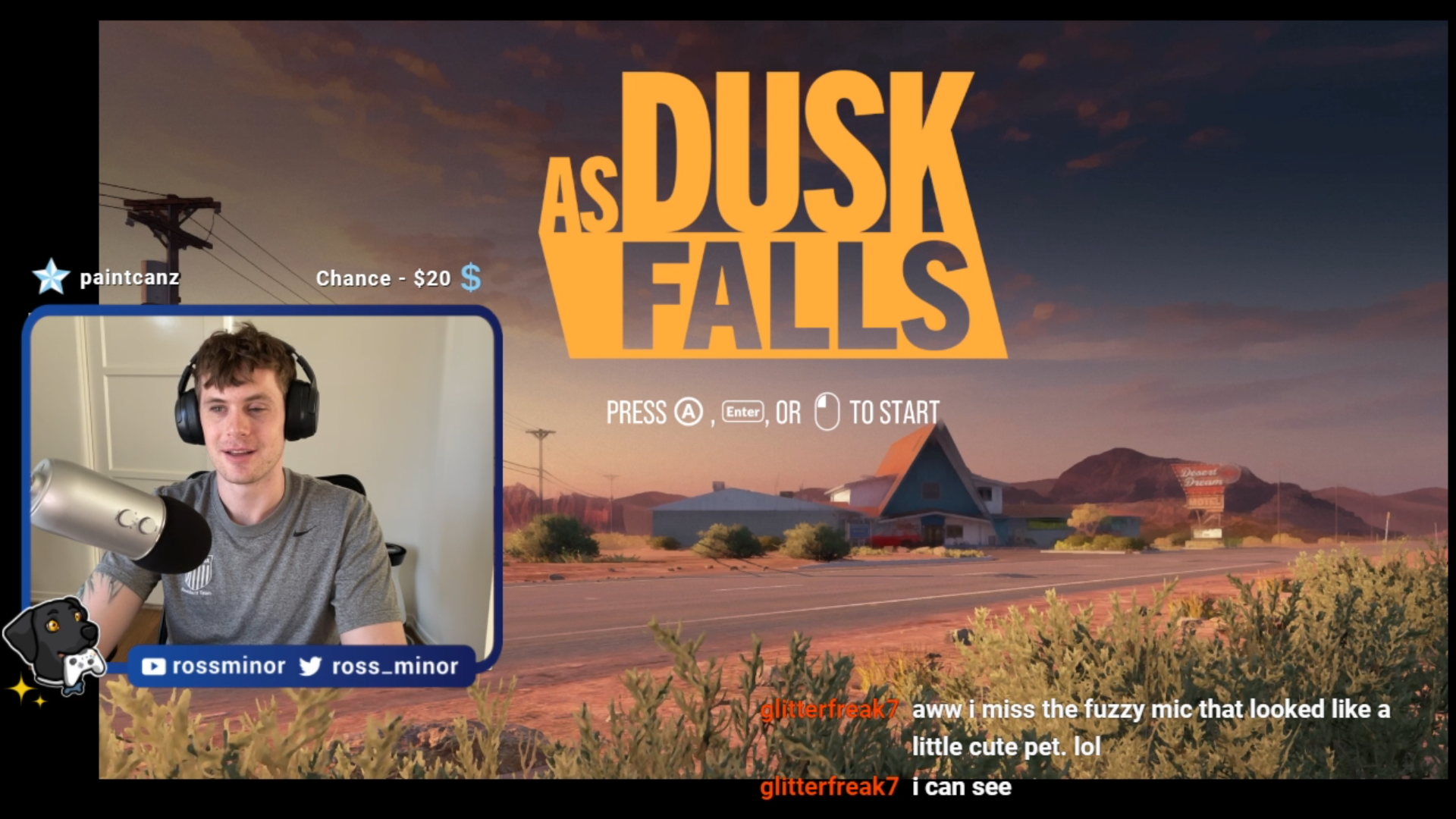 A screenshot of Ross in his streaming overlay wearing headphones and smiling. The game As Dusk Falls can be seen with the words "Press A, enter, or left click to begin".